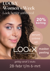 t/m 6 maart 20% korting op LOOkX tijdens de Women's week (geldig vanaf 2 producten/uitgezonderd cleansers) 